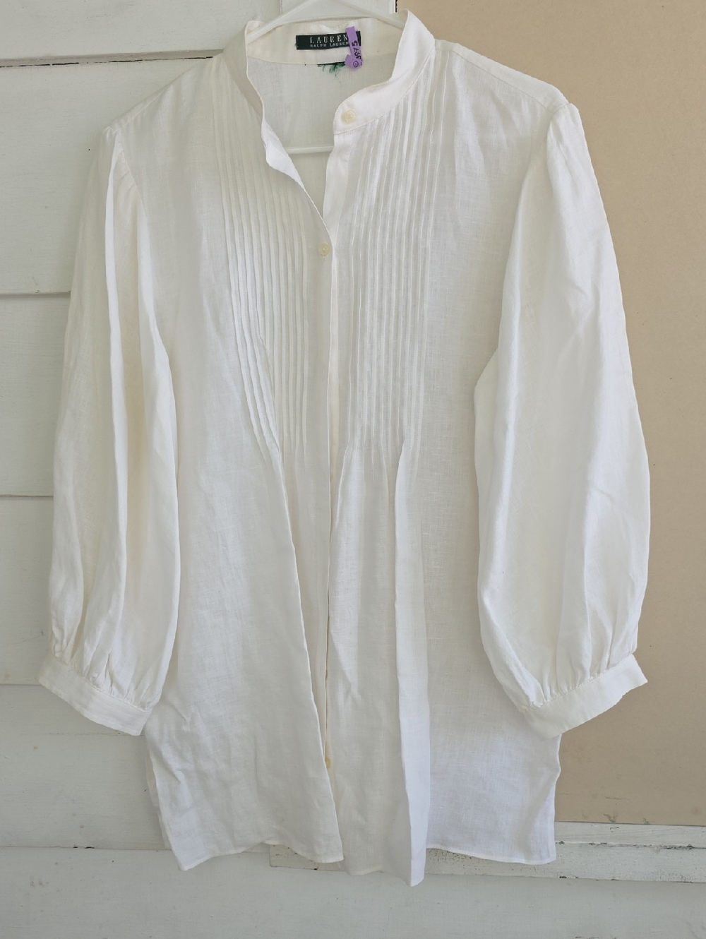 Lauren Ralph Lauren White Pintucked Linen Tunic Blouse